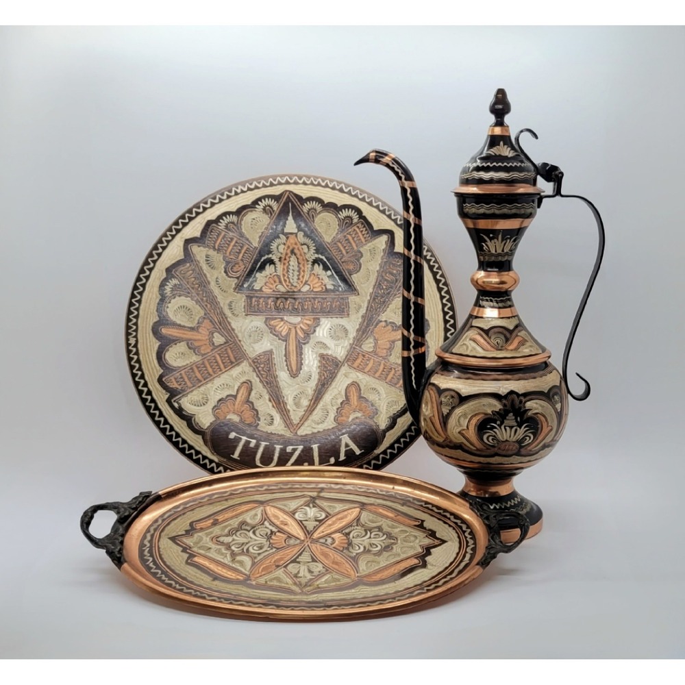 Vintage Decorated Etched Copper Tray, Platter, and Tea Pot from Turkey & Bosnia